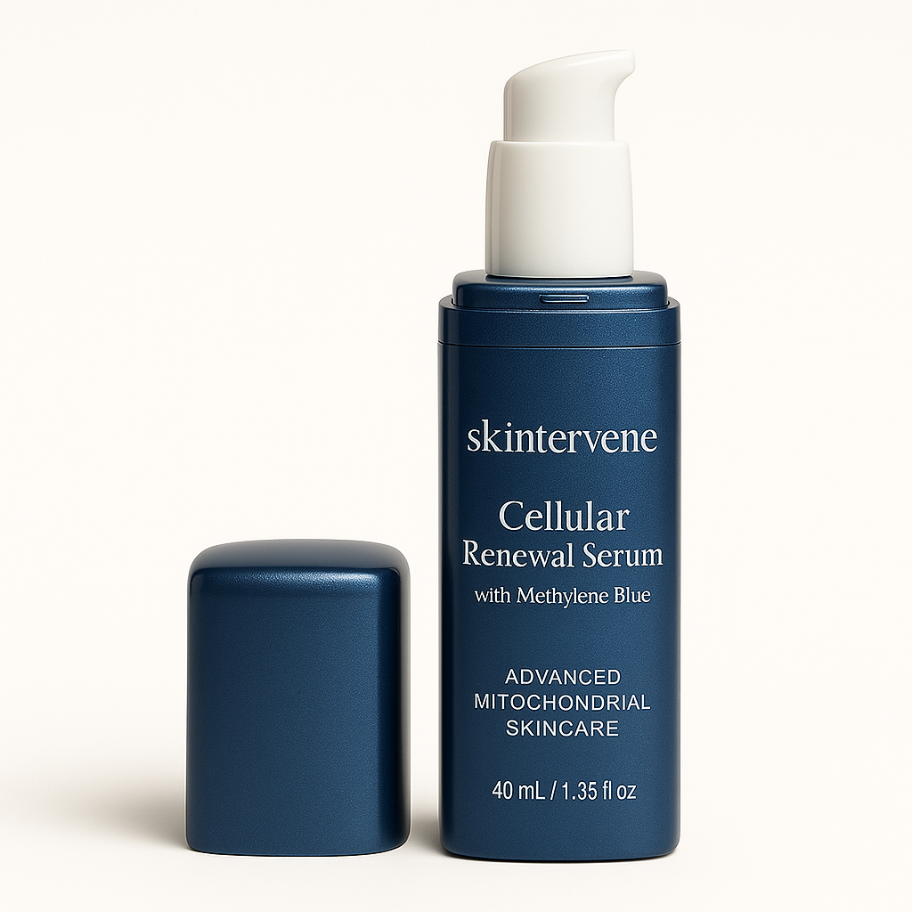 Skintervene methylene blue serum shown against a dark green background