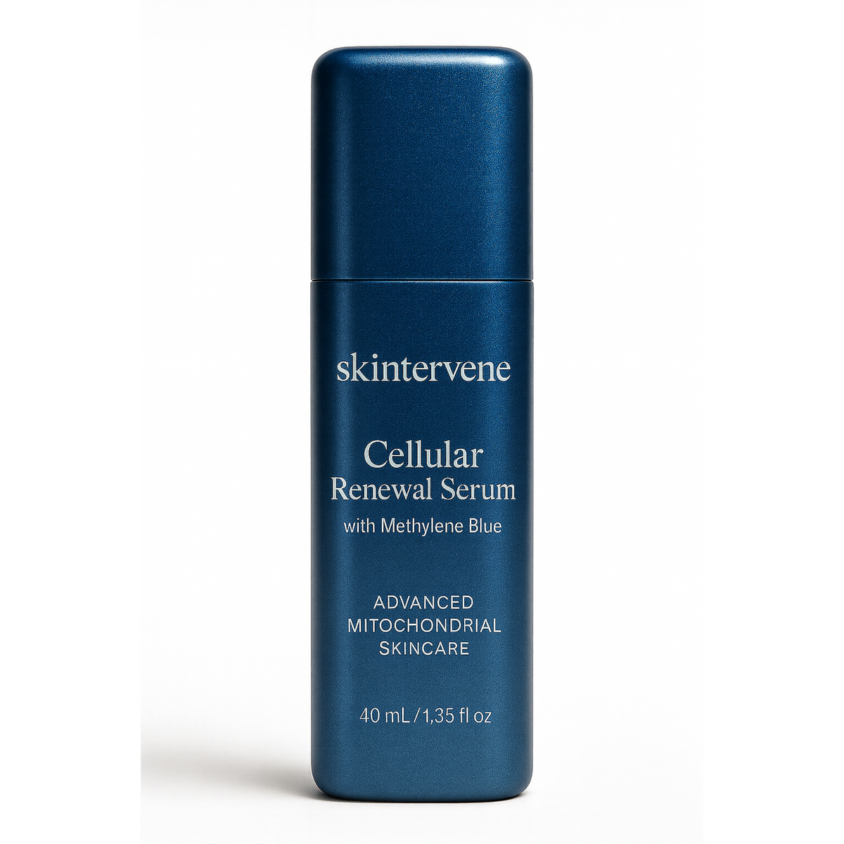 Skintervene Cellular Renewal Serum bottle and carton, fragrance-free methylene blue face serum made in London